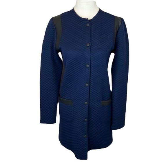 Sezane Quilted Long Line Jacket Navy with Black Leather Trim Size Medium - Picture 1 of 15